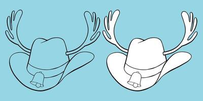 Christmas cowboy hat with reindeer antlers, bell and hatband hand drawn black outline coloring book illustration vector