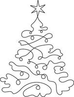 Continuous one line simple black and white drawing of Christmas tree with star garland and decorations vector