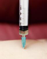 A syringe being used to inject a person photo