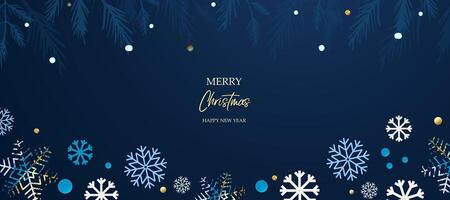 Merry Christmas and Happy New Year. Blue background with Christmas tree branches, snowflakes, snow vector