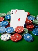 A pair of aces and a pair of aces are sitting on top of a pile of photo