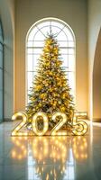 illuminated 2025 numbers adorn a decorated coniferous tree photo
