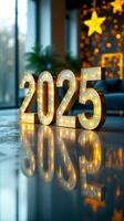 illuminated gold 2025 numerals on reflective surface photo