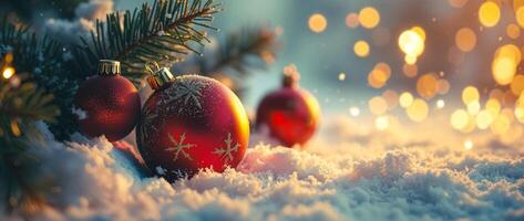 red snowflake-patterned spheres on snowy surface photo