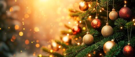 decorated evergreen tree with warm-toned ornaments string lights. photo