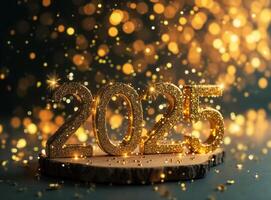 glittery golden numbers 2025 on rustic wood photo