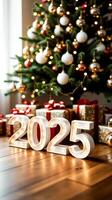illuminated 2025 numbers by decorated tree photo