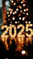 glowing gold numerals 2025 on wooden surface photo