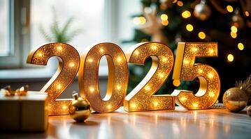 illuminated golden 2025 number decorations photo