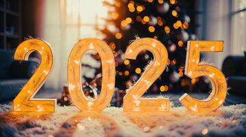 illuminated 2025 numbers on a fluffy surface photo