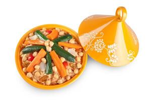A bowl of food with vegetables and carrots photo