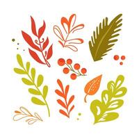 lace red and green leaves, berries and branches for Christmas on white background. Plants in style of pattern. Isolated clipart for holiday design of card,, invitation, leaflet in flat style vector