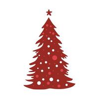 red Christmas tree with balls for New Year on white background. Isolated clipart with star for holiday design of postcard, invitation, flyer in flat simple style vector