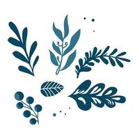 lace blue leaves, berries and branches for Christmas on white background. Plants in style of pattern. Isolated clipart for holiday design of card, banner, invitation, leaflet in flat style vector
