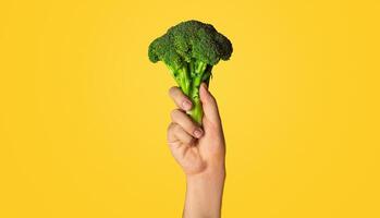 Healthy diet concept. Male hand holding broccoli on orange background, close up view. Panorama photo