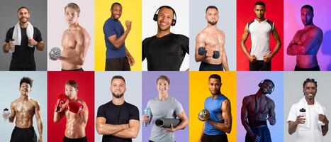 A diverse group of men presents different fitness activities and styles against colorful backdrops. Each individual showcases their commitment to health and wellness. photo