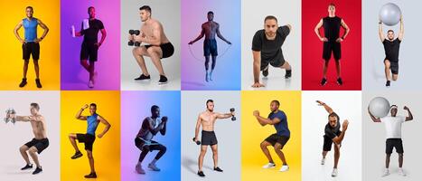 Various men perform distinct workout activities in a colorful backdrop. The image showcases strength training, cardio exercises, and agility drills, highlighting fitness diversity. photo