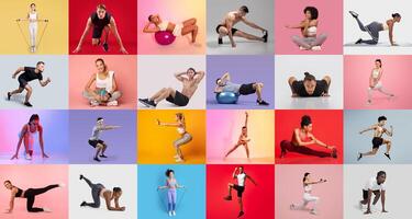 A lively indoor setting showcases multiple individuals performing various fitness routines. photo