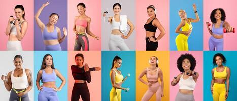 Groups of women in colorful workout clothes demonstrate various fitness activities. They hold dumbbells and show enthusiasm in a bright studio setting, showcasing a positive approach to health. photo