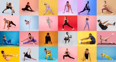 Multiple individuals of different backgrounds are performing various workout routines against colorful backdrops. photo