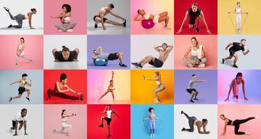 Individuals perform different workouts including stretching, strength training, and cardio exercises in a colorful indoor setting. Each participant showcases distinct movements and techniques. photo