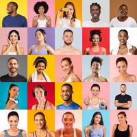 A vibrant mix of individuals showcases their commitment to fitness through joyful expressions and activities. Various poses highlight different aspects of an active lifestyle in a colorful background. photo