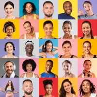 A vibrant collection of smiling people showcases joy and positivity against bright, colorful backdrops. Each person exudes happiness, representing a variety of backgrounds and expressions. photo