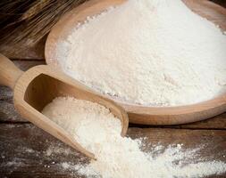 A bowl of flour and a wooden spoon photo