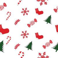 christmas seamless pattern with candy canes, socks, and trees vector