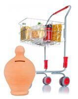 Shopping cart full with money box and food products photo