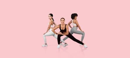 Three diverse fitness models perform various exercise poses. They showcase strength and flexibility, highlighting different aspects of fitness in a vibrant and energetic atmosphere. photo