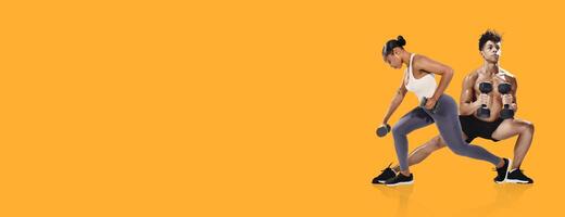 Two fitness enthusiasts engage in strength training with dumbbells. One person performs a bent-over row while the other executes a lunge, showcasing dedication to fitness. photo