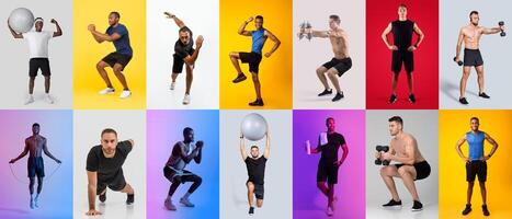 A diverse group of men showcases different workout exercises, including lifting weights, performing squats, and using fitness balls. The vibrant backgrounds add energy to the dynamic movements. photo