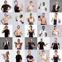 Individuals of varying backgrounds and fitness levels demonstrate workouts and healthy habits, using weights and hydration equipment, emphasizing wellness and exercise. photo