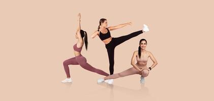 Three women are engaged in various fitness poses, showcasing strength and flexibility. They wear colorful activewear, demonstrating a lively workout session in a minimalist setting. photo