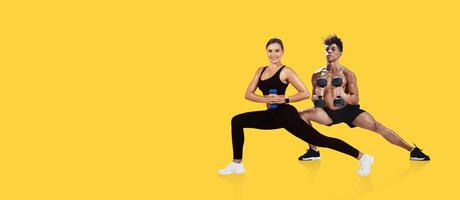 Two individuals engage in strength training, displaying a variety of exercises with dumbbells. The vibrant yellow background emphasizes their focus and determination. photo