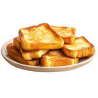 Freshly toasted bread slices stacked on plate, golden brown and crispy, perfect for breakfast or snacks. Enjoy warm, inviting aroma of this delicious treat png