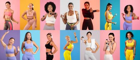 Groups of women demonstrate various workout poses in a colorful studio. They use weights and resistance bands, radiating energy and enthusiasm for fitness activities. photo