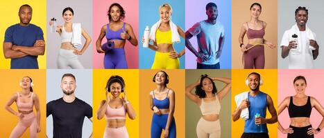 People of different backgrounds pose in colorful activewear while engaging in fitness activities. Each individual displays confidence and enthusiasm for healthy living and wellness. photo