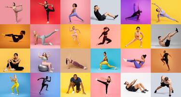 A vibrant collection of people performing various exercises against colorful backgrounds. Each person showcases different workout styles, highlighting athleticism and teamwork. photo