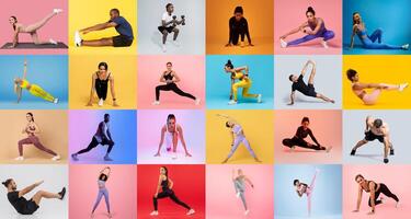 A dynamic collection of people engaging in different fitness activities across vibrant backgrounds. The individuals showcase a range of exercises, emphasizing movement and determination. photo