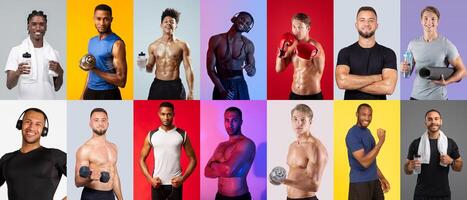 Men of various fitness levels pose in vibrant backgrounds, displaying their workout routines. photo