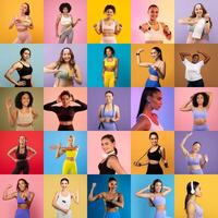 Various women demonstrate strength and fitness in vibrant workout outfits. They engage in exercises, showcasing enthusiasm and diverse styles in a bright, energetic setting. photo