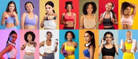 A diverse group of women displays their commitment to fitness through various activities. They wear activewear and demonstrate strength with weights, smiles, and confidence in a vibrant setting. photo