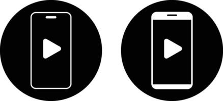 Play button on smart phone screen icon set. play button symbol. Smartphone play. mobile streaming vector