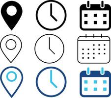 date time location icon set. Calendar symbol. clock sign. location pin signs. time speed icon symbol vector