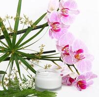 Face cream with herbs and pink orchids photo