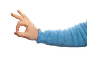 Concept of OK with hand on white background photo