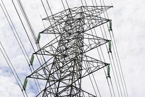 A high voltage power line with wires and clouds photo