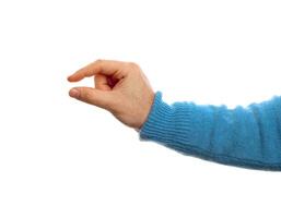 Concept of little with hand on white background photo